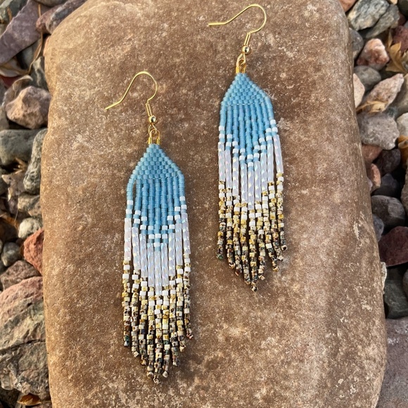 Sky Blue Beaded Earrings with Picasso Fringe, New, Handmade by Me - Picture 7 of 7